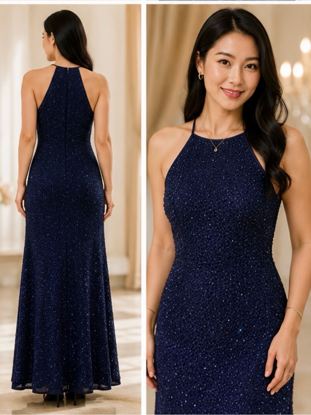 BlackTie Sleeveless Navy Beaded Halter Prom Dress